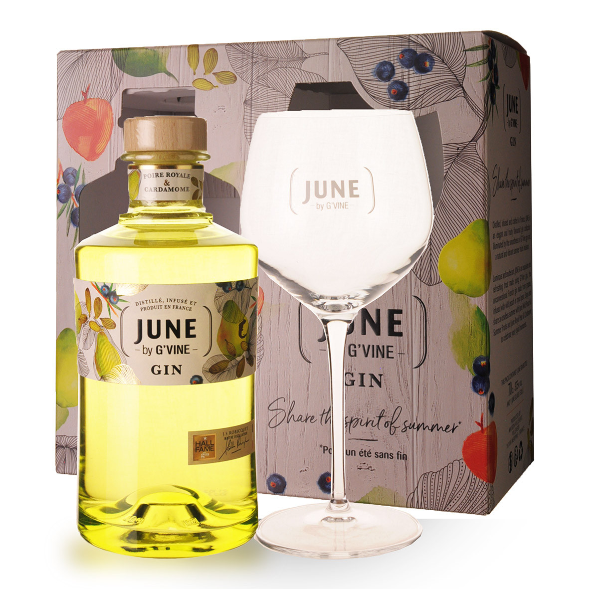 Gin June by Gvine Poire Royale et Gardamome 70cl Coffret 1 verre www.odyssee-vins.com