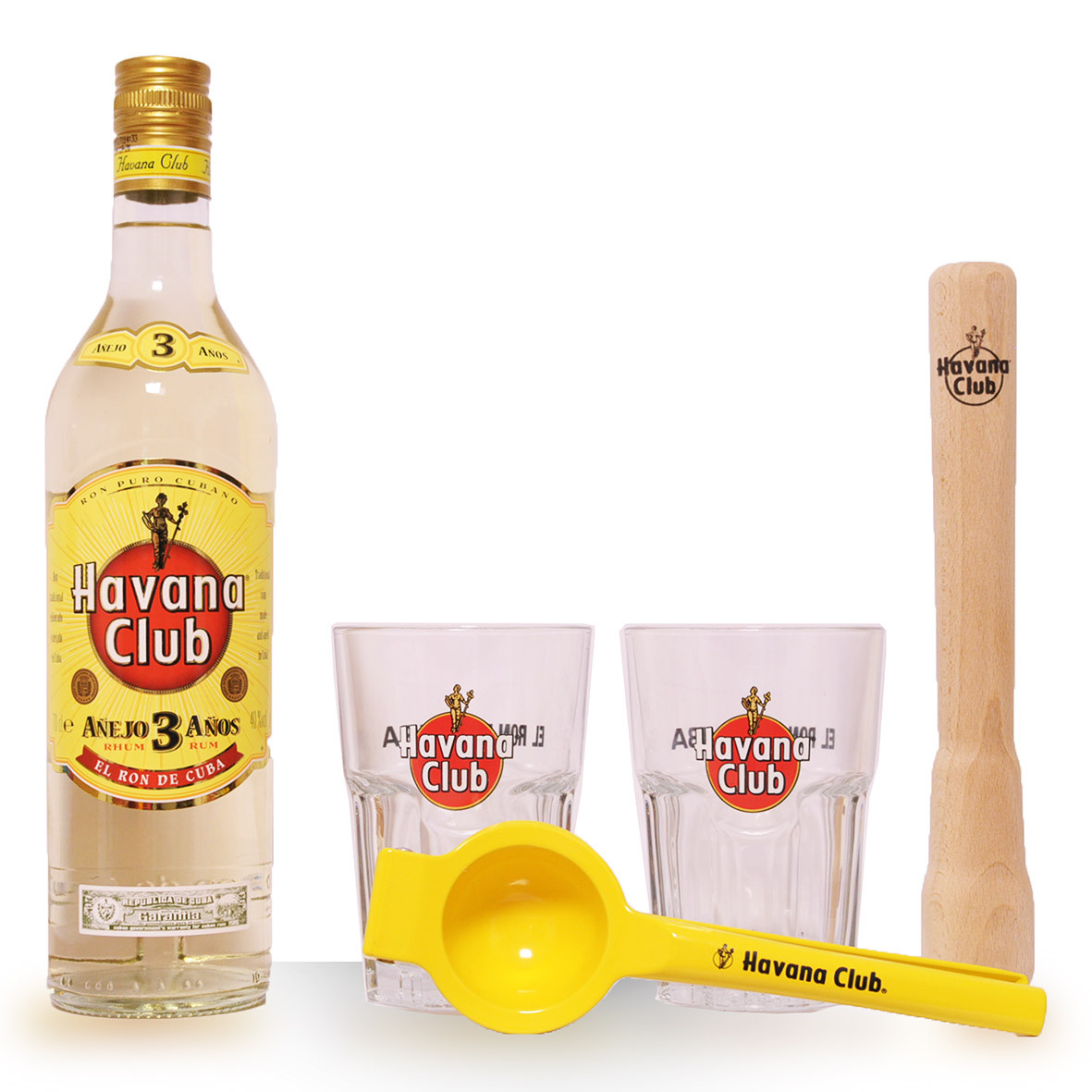 Acheter du Rhum Havana Club 3 ans 70cl vendu en Kit Mojito (2 verres +  presse-citron + pilon bois) sur notre site - Odyssee-vins