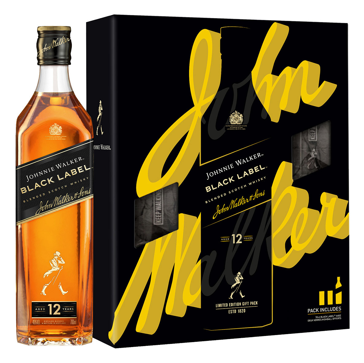 Whisky Johnnie Walker Black Label 12 ans 70cl Coffret 2 verres www.odyssee-vins.com